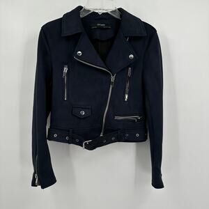 Zara Womens‎ Moto Jacket Size S Navy Biker Zippers Buckle Grunge Edgy Rocker